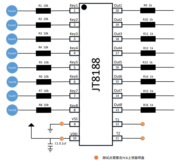 JT8188 是一款电容式惠州八按键触摸控制芯片