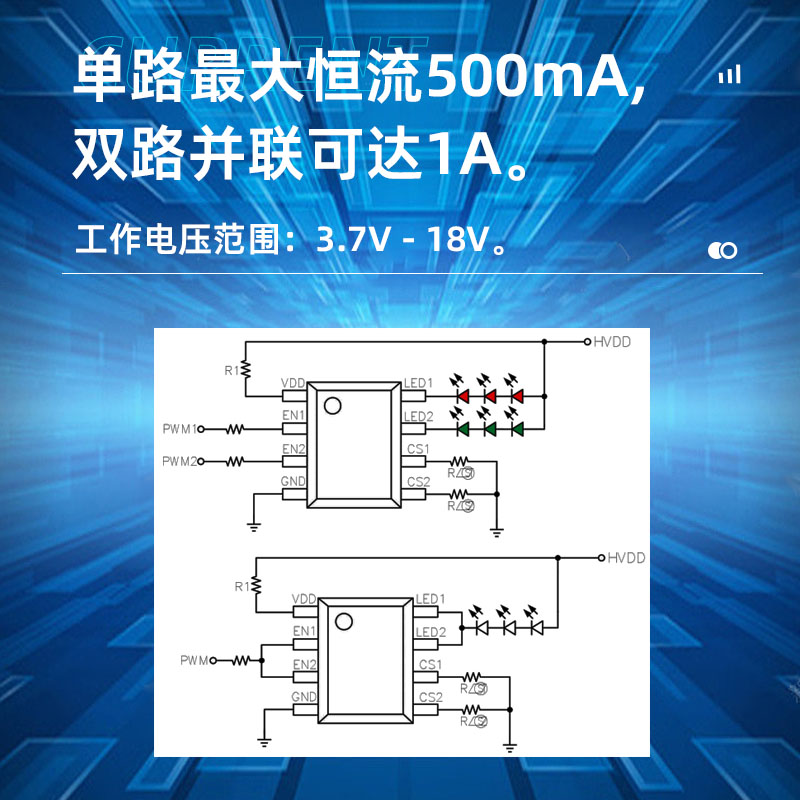 XR8141B惠州双通道LED驱动芯片，线性恒流驱动，每通道最大500mA驱动电流，并联使用最大可达1A