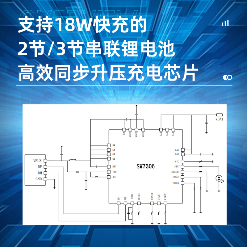 智融SW7306支持18W 快充的 2 节/3 节串联锂电池高效惠州同步升压充电芯片 