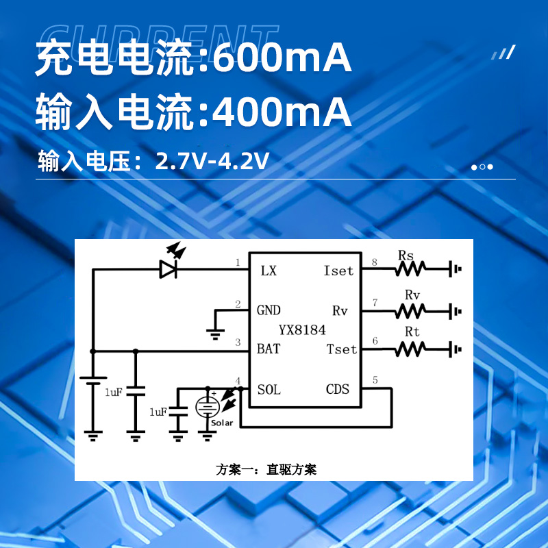 YX8184支持惠州太阳能 LED 驱动控制芯片 最大 600mA 太阳能充电电流